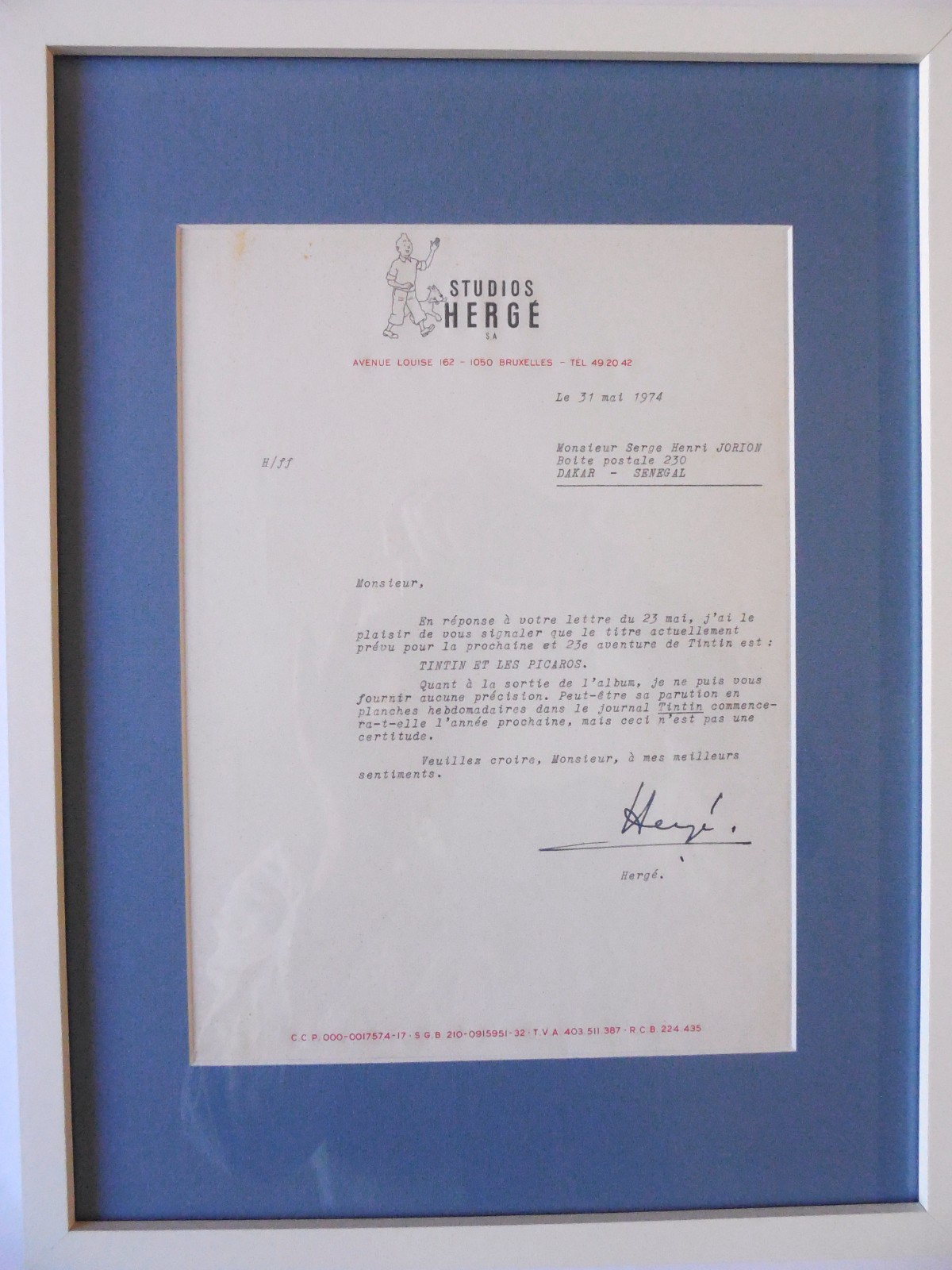 • TINTIN Lettre signée Hergé + T. 23 « Tintin et les Picaros » C1, EO/TBE
