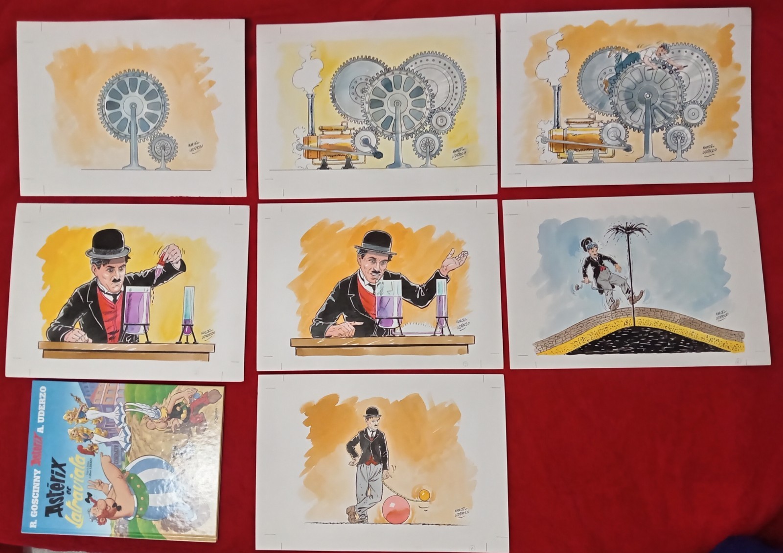 7 Aquarelles originales Uderzo - Charlie Chaplin (Non Astérix, dédicace, EO, BD)
