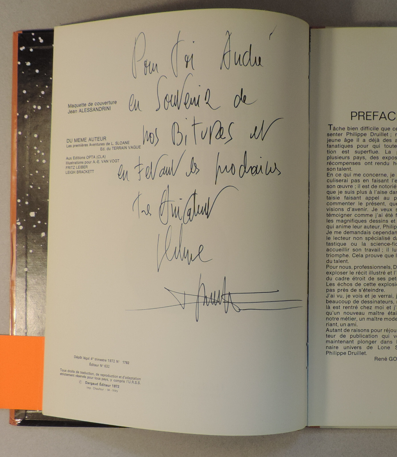 Druillet dedicace dans Les 6 voyages de Lone Sloane Dargaud 1972 EO TBE